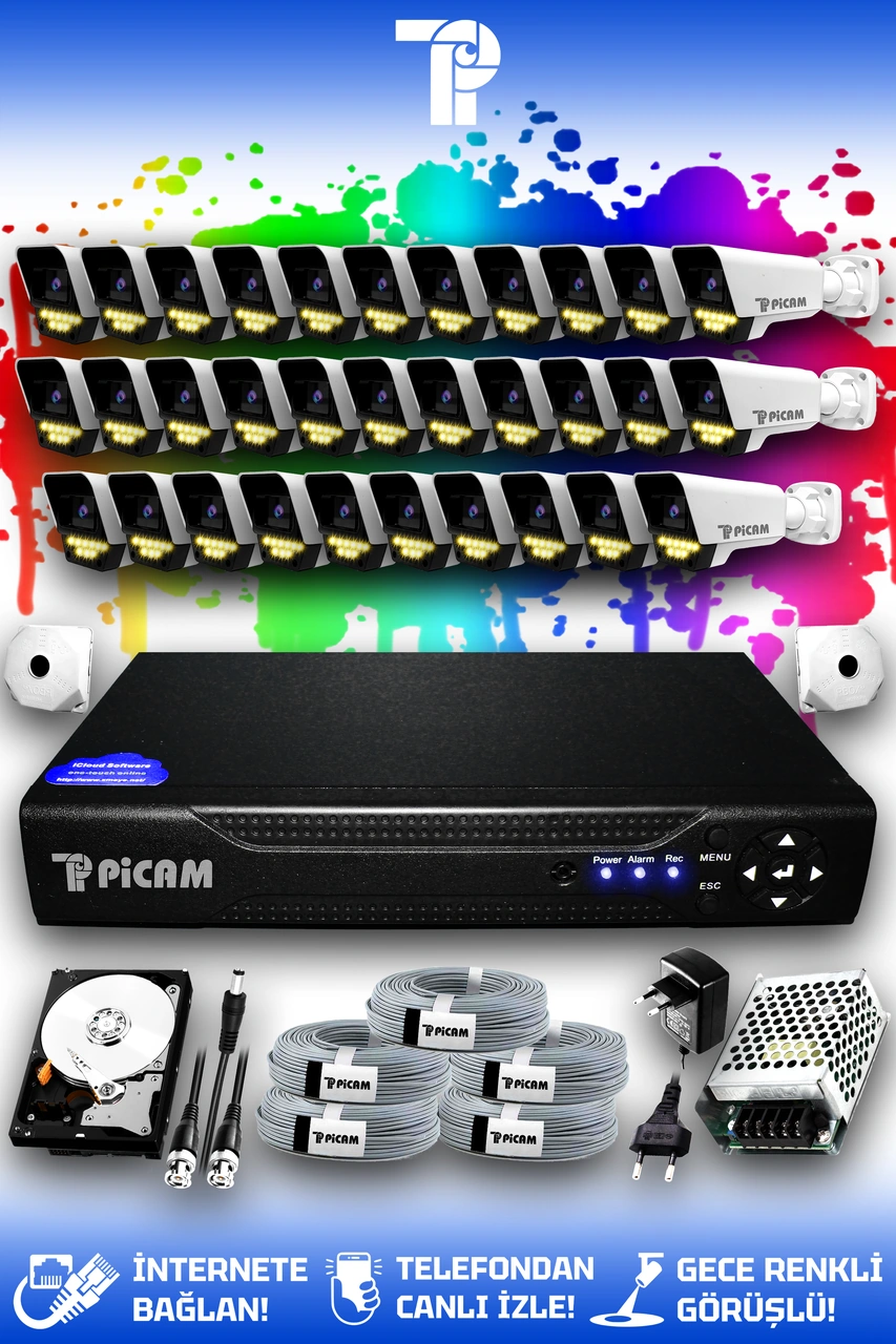 Picam 32 Kameralı Süper 32 Dış Kamera Set 250 GB 5 MP 2K Net Renkli Gece Görüşlü Güvenlik Kamerası Sistemi