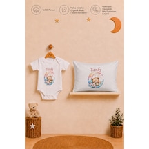Pia Baby İsimli Kız Bebek Kısa Kollu Body Zıbın Ve 35x45 Cm Yastık Kılıfı %100 Pamuk Organik Baskılı Hediye Seti 1110bayyx Ekru