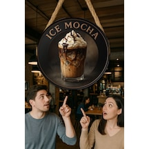 Ice Mocha Temalı Yuvarlak Cafe Tabelası, Jüt İpli Ahşap Duvar & Kapı Dekoru, Barista Tarzı Süs