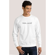 Hello World Baskılı Beyaz Erkek Örme Sweatshirt