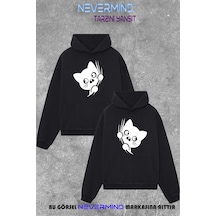 Nevermind Çift Kombini Sweatshirt Seti 3 İplik Oversize Kedi Desenli Hood Siyah