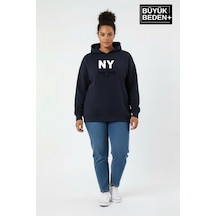 Süperlife Kadın Büyük Beden Kapşonlu Ny Newyork Baskılı İnce Swatshırt Spr26bswk957-15 Lacivert