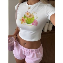 Flood Of Style Kadın Beyaz Summer Coconat Baskılı Bisiklet Yaka Dar Crop