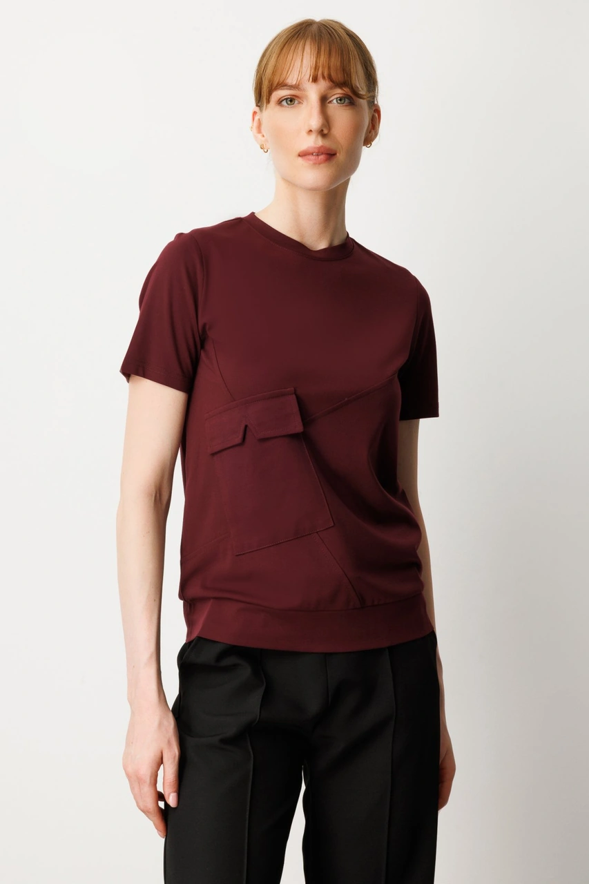 On Kadın Sıfır Yaka Cepli T-shirt 61340 Bordo Bordo