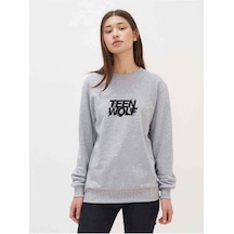 Teen Wolf Logo Baskılı Gri Kadın Sweatshirt