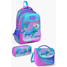 Coral High Kids Açık Pembe Mavi Kaplumbağa Desenli 3 Lü Okul Çanta Seti Set0123497 Çok Renkli