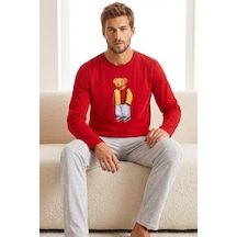 Siyah İnci Baskılı Pamuklu Örme Uzun Kollu Pijama Takım 8076 Kırmızı
