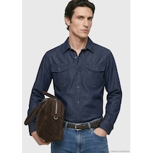 Ramsey İndigo Düz Casual Fit Uzun Dokuma Casual Pamuk Karışımlı Gömlek