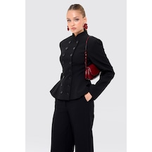 Thalure Kadın Siyah Kruvaze Düğmeli Peplum Blazer