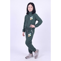Panios Kids Kız Çocuk Sweet Heart Baskılı Dik Yaka Çift Cepli Fermuarlı Eşofman Takımı Haki