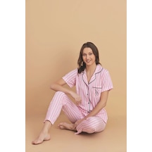 Pijamerry Viskon Kumaş Gömlek Yaka Pembe Çizgili Kadın Pijama Takımı - 5820 Pembe Çizgili Pembe
