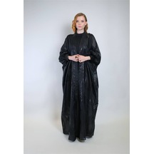Crystalia Işıltılı Siyah Jakar Kumaş Ve İç Elbiseli Sendi Kumaş İkili Takım Abaya Siyah