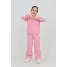 Erdem Kıds Kız Çocuk 3 İplik Şardonlu Kurdele Detaylı Basic Sweatshirt-bol Kesim Palazzo Eşofman Takım Pembe Pembe