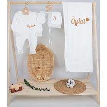 Gros Shop %100 Pamuk Organik Dantelli Tulum 4'lü Hastane Çıkış Seti Kişiye Beyaz