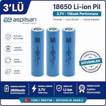Aspilsan 18650 2600mah 3.7v Li-ion Şarjlı Pil 3'lü Paket  Inr18650a28 Lityum İyon Batarya Yerli Üretim