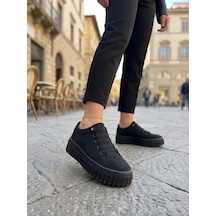 Gamelu Vıgor Kadın Lastikli Memory Foam Kalın Taban Keten Sneaker Ayakkabı Siyah