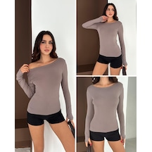 Elaxi Kadın Kayık Yaka Parmak Geçmeli Uzun Kollu Full Likralı Pamuk Viskon Buzzy Body Tişort Vizon