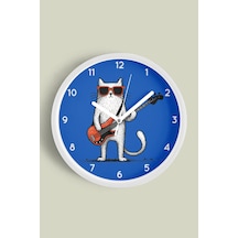 Gitar Çalan Kedi Modern Duvar Saati - 42cm - Önü Camlı Beyaz Kasa - Sessiz Mekanizma Beyaz