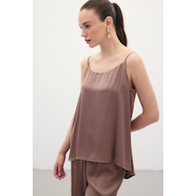 Sateen Askılı Saten Bluz - Kahve-136346 Kahve