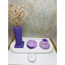 Tabaklı Sütun Vazolu, Minimal Mumluk Ve Balkabağı 4 Parça Set Beyaz Mor