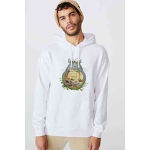 Komşum Totoro Baskılı Beyaz Erkek Örme Kapşonlu Sweatshirt (534796945)