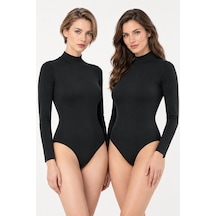 Loule Kadın 2'li %95 Pamuklu Uzun Kol Dik Yaka Esnek Kancalı Body Siyah