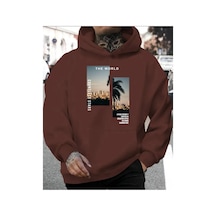 Herkesemoda The World Baskı Detaylı Kapüşonlu Sweatshırt Kahve Kahverengi