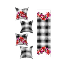 Siyah Beyaz Kareli Çiçek Desenli 4'lü Kırlent Kılıfı 1 Runner Seti 4kmbs272 Rs Siyah