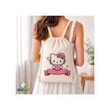 Ghostbastır Design Kişiye Özel Hello Kitty Büzgülü Keten Çanta C154 Bej