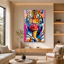 Dondurma Külahıyla Pop-art Kaplan Portresi Gümüş Çerçeveli Cam Tablo