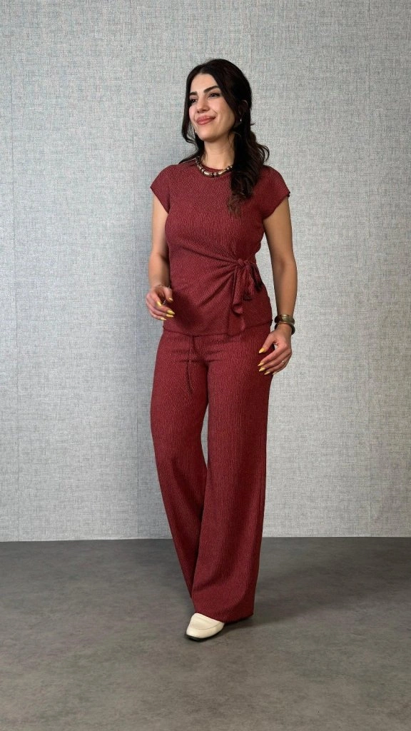 Sidelya Concept Kadın Kısa Kollu Bisiklet Yaka Yandan Bağlamalı Bürümcük Bluz Ve Pantolon Ikili Takım Bordo