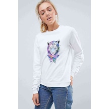 Watercolor Tiger Baskılı Beyaz Kadın Sweatshirt (534806296)
