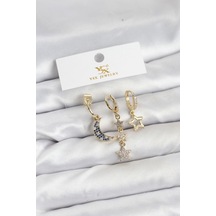 Pirinç Gold Renk Zirkon Taşlı Ay Ve Yıldız Model Ysx Trio Küpe Seti Çok Renkli