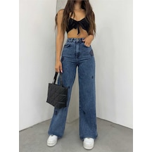 Shevega Kadın Mavi Kalp Nakişli Bol Paça Kot Jeans Pantolon Mavi