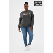 Süperlife Kadın Büyük Beden Capri Island Baskılı Bisiklet Yaka İnce Sweatshirt Spr26bswk956-14 Füme
