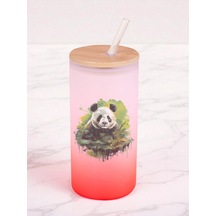 Yeşillikler İçinde Panda Baskılı 600 Ml Cam Matara- Su Matarası, Suluk Matara, Cam Pipetli Matara Kırmızı
