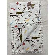 Geyik Mantar Ponponlu Çift Kat Pazen Müslin Örtü 100 120 Cm Ekru