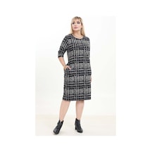 Çift Cepli Desenli Esnek Kışlık Büyük Beden Midi Elbise 17d-2746 Bej