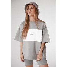 Madmext Mad Girls Boyalı Gri Nakışlı Tişört Mg1421-boyalı Gri