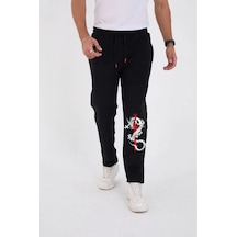 Erkek Kışlık Üç İplik Baskılı Eşofman Pantolon - Siyah