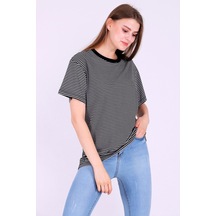 Siyah Gri Çizgili Kadın Oversize Çizgili Basic Tshirt 001