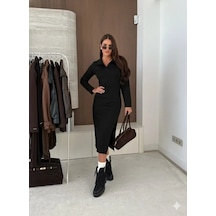 Kadın Uzun Kollu Yakalı Yandan Yırtmaçlı Midi Modal Elbise Siyah