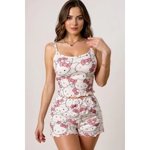 Baskılı Kadın Kombin Şıklığı Hello Kitty Askılı Şortlu Pijama Tak Pembe