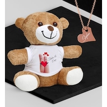 Kişiye Özel Sevgililer Temalı Peluş Ayıcık Ve Rose Kalp Kolye Set (409001001)