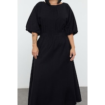 Ersefa Moda Stil Relaxed Bisiklet Yaka Midi Boy Büyük Beden Dokulu Balon Siyah