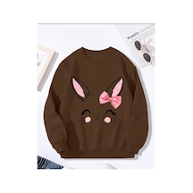 Herkesemoda Sevimli Tavşan Baskı Detaylı Bisiklet Yaka İçi Polarlı Sweatshirt Kahverengi