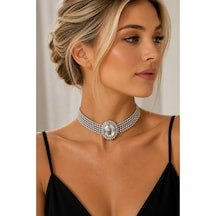 Kadın Silver Taşlı Choker Kolye Çok Sıralı Zirkon Taşlı Zarif Abiye & Davet Kolyesi Gümüş - 900260397 Gümüş