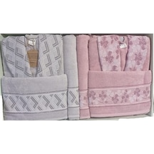 Özdilek Fiore Line Gri Pembe Bambu Aile Bornoz Seti Gri - Pembe