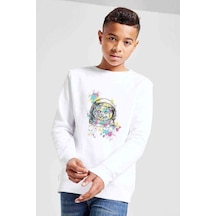 Tshirthane Cattronot Cat Astronot Baskılı Unisex Çocuk Beyaz Sweatshirt Beyaz