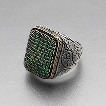 Gümüş Yeşil Zirkon Taşlı Kare Erkek Yüzük (551185686)